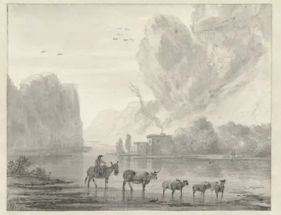 Herder met vee aan de oever van een rivier