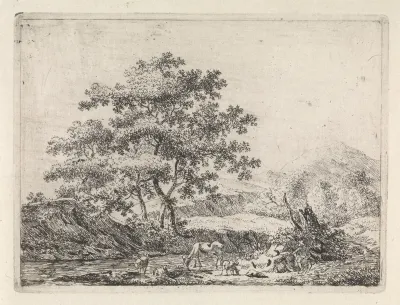 Herder met vee bij rivier