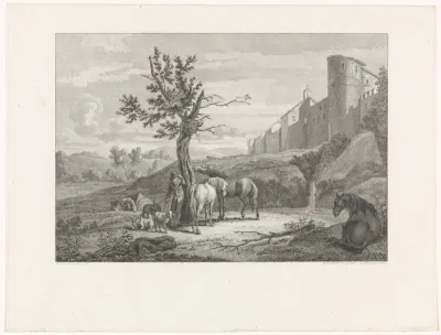 Herder met vee en drie paarden in een landschap