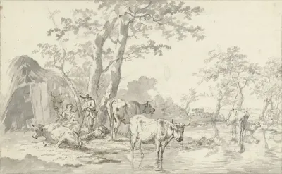 Herder met vrouw en kind met vee onder bomen bij water