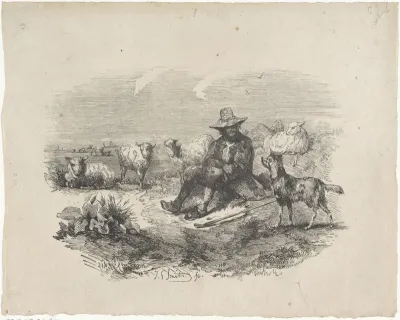 Herder met zijn hond tussen de schapen