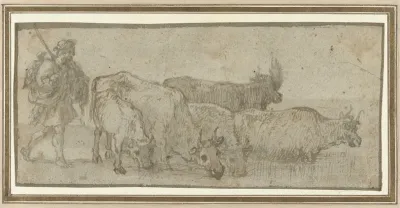 Herder met zijn kudde runderen bij een wed