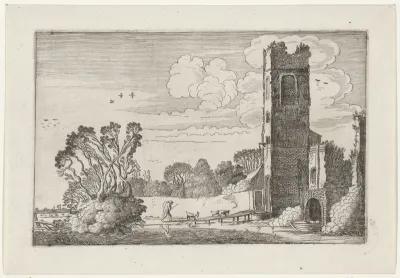Herder op een brug bij een vervallen toren