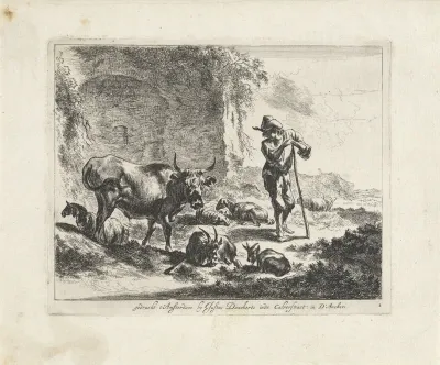 Herder rustend op zijn staf bij een ruïne
