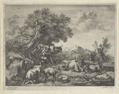 Herder speelt doedelzak terwijl een meisje een schaap melkt