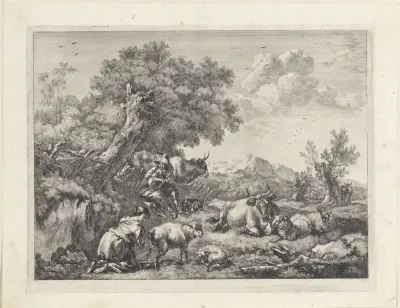 Herder speelt doedelzak terwijl een meisje een schaap melkt