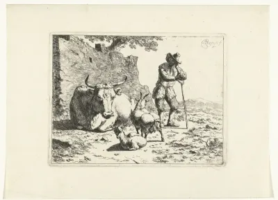Herder staat bij koe en twee geiten bij vervallen muur