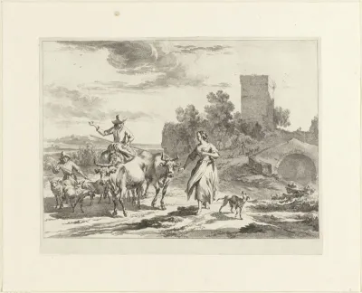 Herder te paard en een jongen met een kudde