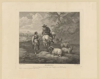 Herder te paard en zijn vee bij een bron