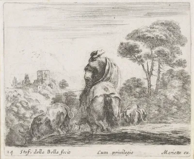 Herder te paard op de rug gezien in een landschap met koeien