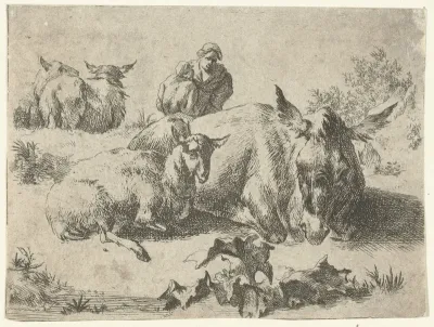 Herderin met ezel en drie schapen