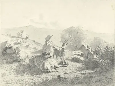 Herderin met geiten en schapen in bergachtig landschap