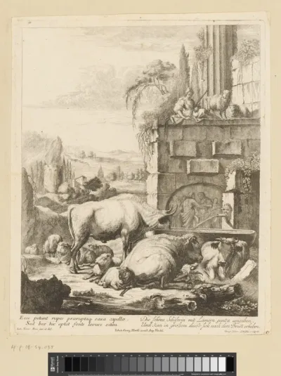 Herderin met kudde runderen en schapen bij een antieke bron