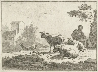 Herderin met kudde schapen