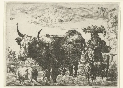 Herderin met mand op het hoofd, een koe, twee geiten en twee schapen in het water