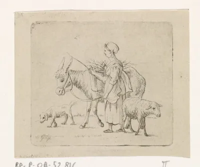 Herderin met muilezel, schaap en hond