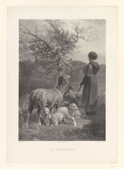 Herderin met schapen bij een boom