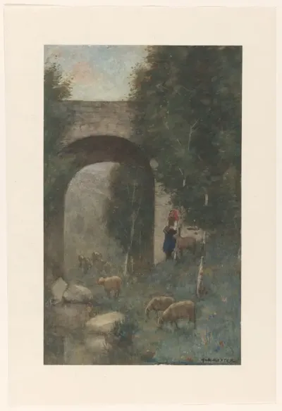 Herderin met schapen, bij een viaduct