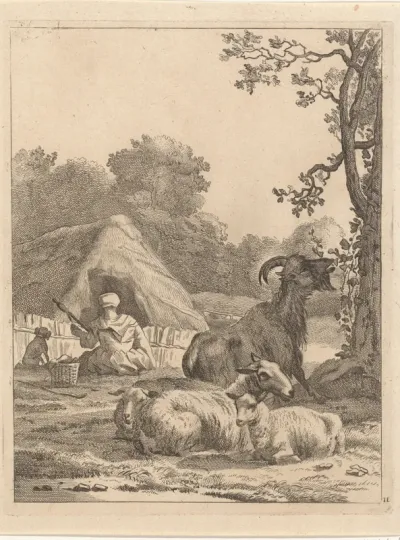 Herderin met schapen en een geit