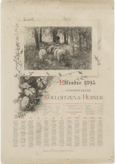 Herderin met schapen omkaderd door bloemen