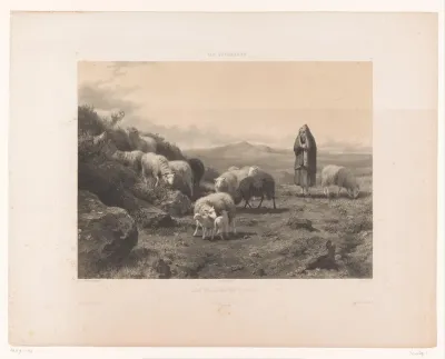 Herderin met schapen op de vlakte van Cantal