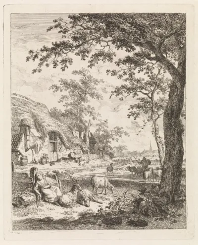 Herderin met schapen voor een boerderij