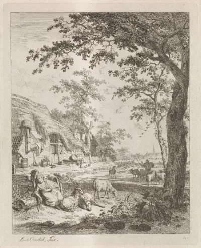Herderin met schapen voor een boerderij