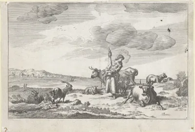 Herderin met spintol aan de oever van een rivier