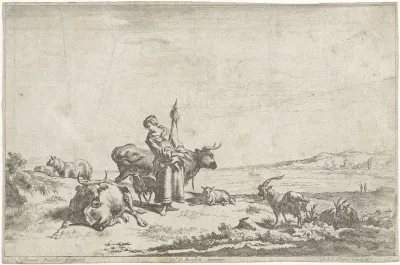 Herderin met spintol aan de oever van een rivier