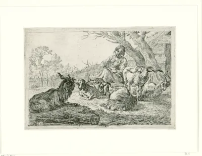 Herderin te midden van geiten en schapen