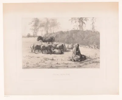 Herderin, zittend voor haar kudde schapen