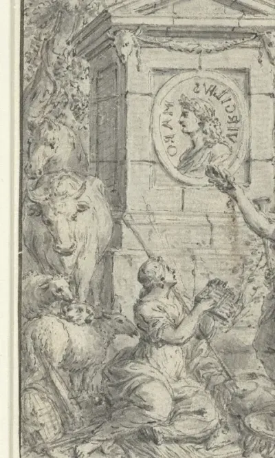 Herderinnen bewonderen een medaillonportret van Vergilius
