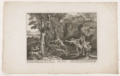 Herders achtervolgen een wolf met een lam in zijn bek