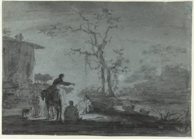 Herders bij een kampvuur bij maanlicht
