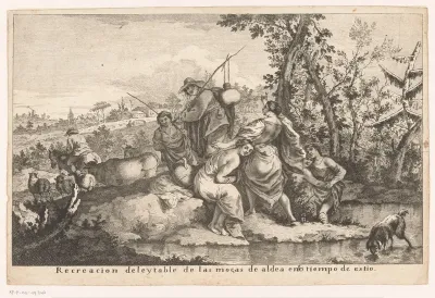 Herders en baadsters bij een rivier