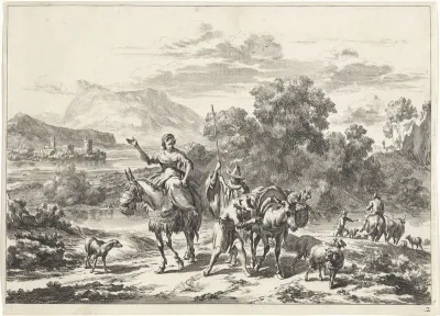 Herders en een jonge vrouw op een ezel