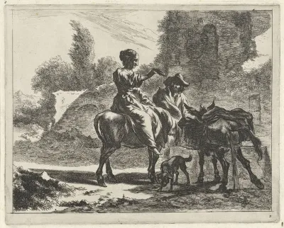 Herders en ezels bij een drinkbak