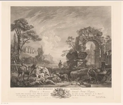 Herders en reizigers bij een fontein in een landschap met ruïnes