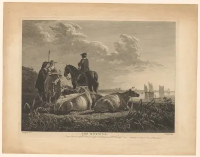 Herders en ruiter bij koeien aan het water