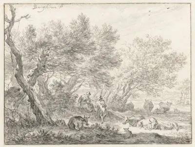 Herders en vee bij een groep bomen