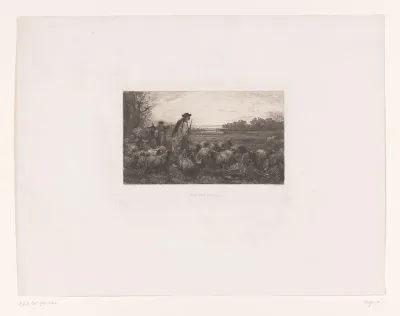 Herders met een kudde en in de verte een wolf