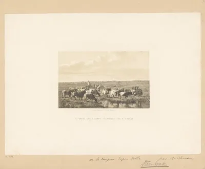 Herders met een kudde koeien in het landschap