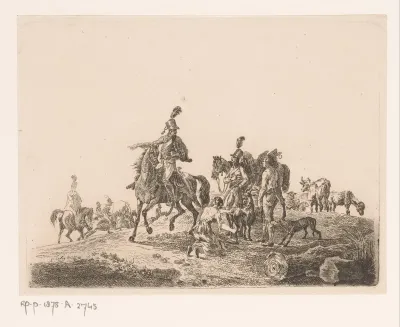 Herders met hun dieren en een troep cavalerie