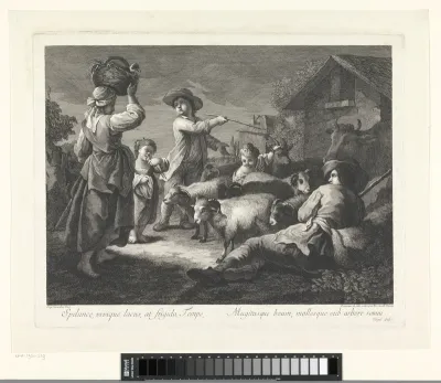 Herders met kudde en boerinnen