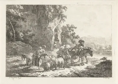 Herders met kudde nabij grot
