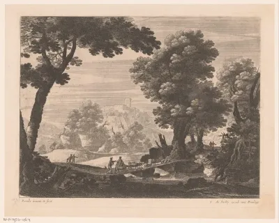 Herders met kudde op houten brug