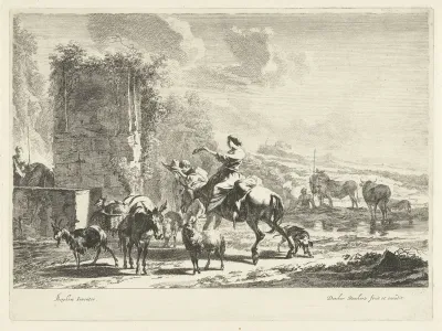 Herders met muilezels en vee bij bron in berglandschap