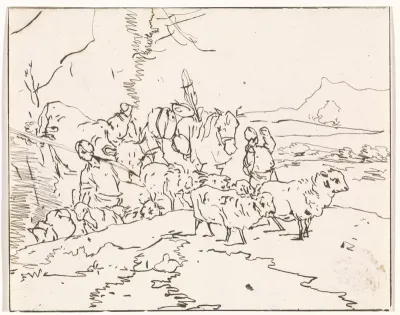 Herders met vee in een berglandschap