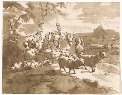Herders met vee in een berglandschap