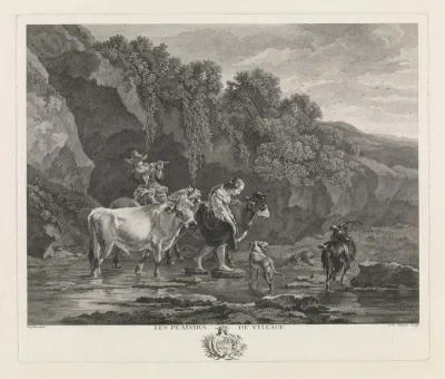 Herders met vee steken een rivier over
